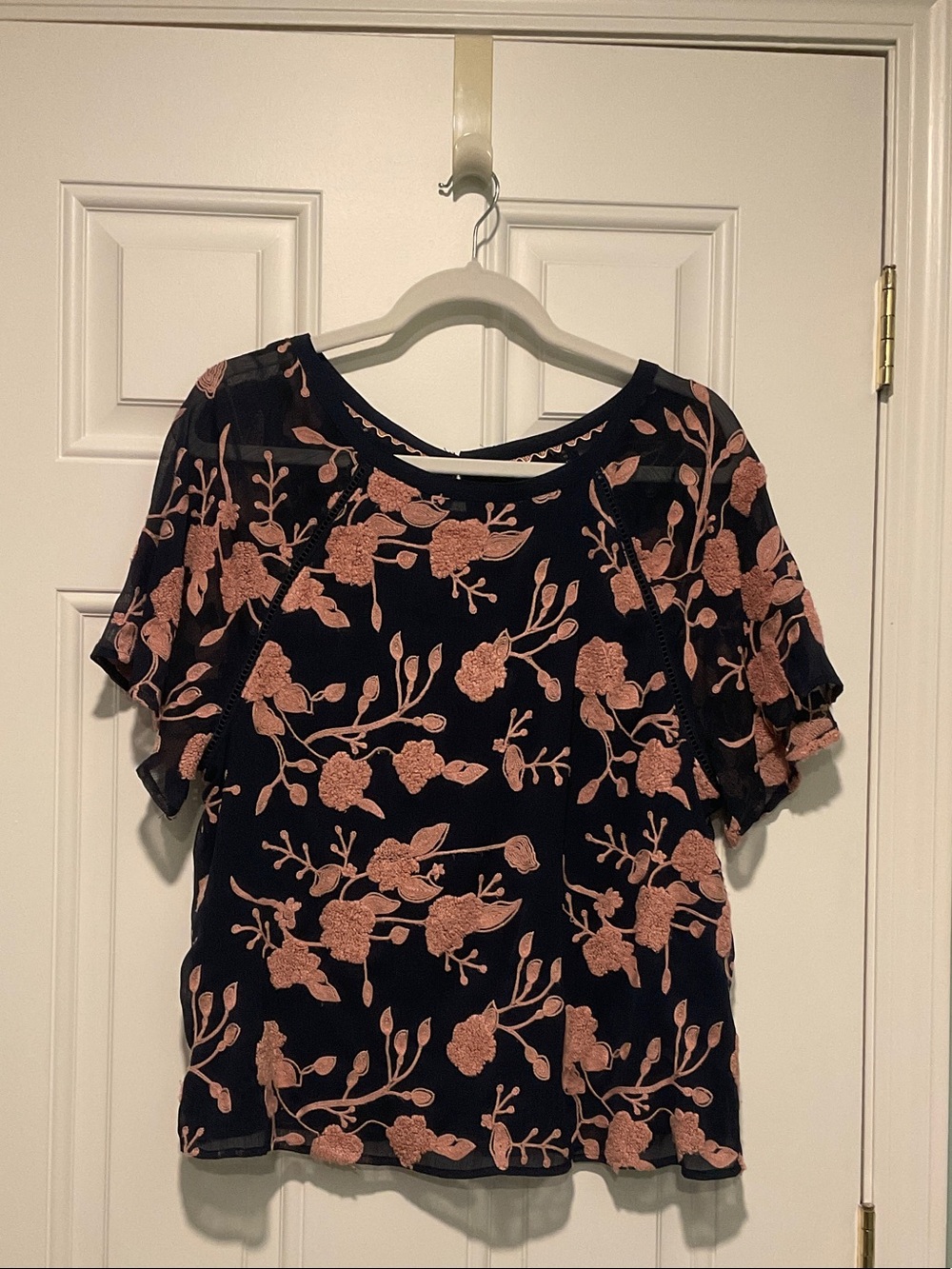 Anthropologie Navy Short-Sleeve Top with Blush Floral Embroidery